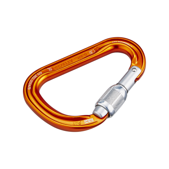 An image of the Petzl Attache. It is orange with a silver locking mechanism.
