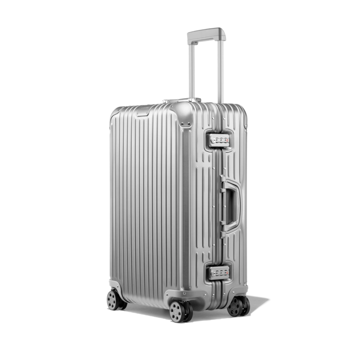 An image of the Rimowa Original or Topas as it was previously named in silver, an aluminium suitcase.